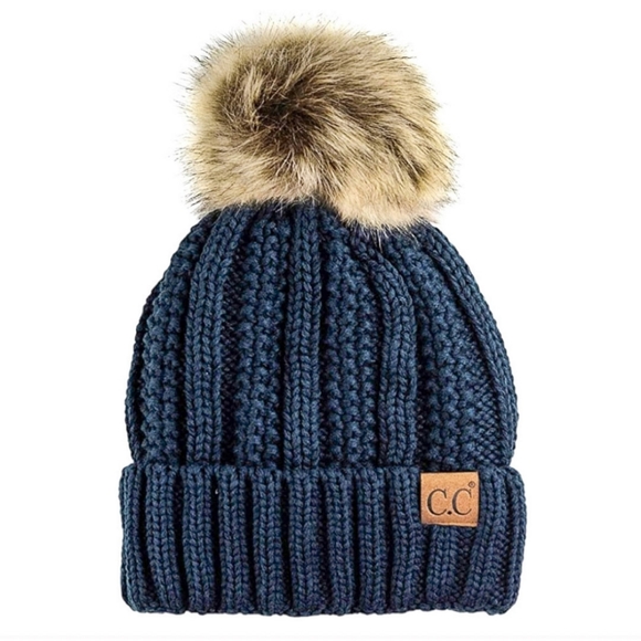 C.C Accessories - LAST ONE! C.C. Knit Beanie Vegan Fur Soft Fleece Lining Inside in Dark Navy Blue